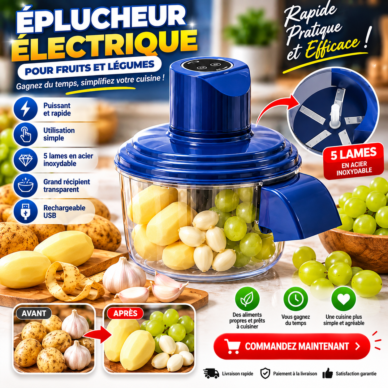 Éplucheur Électrique Chargeable Multifonction