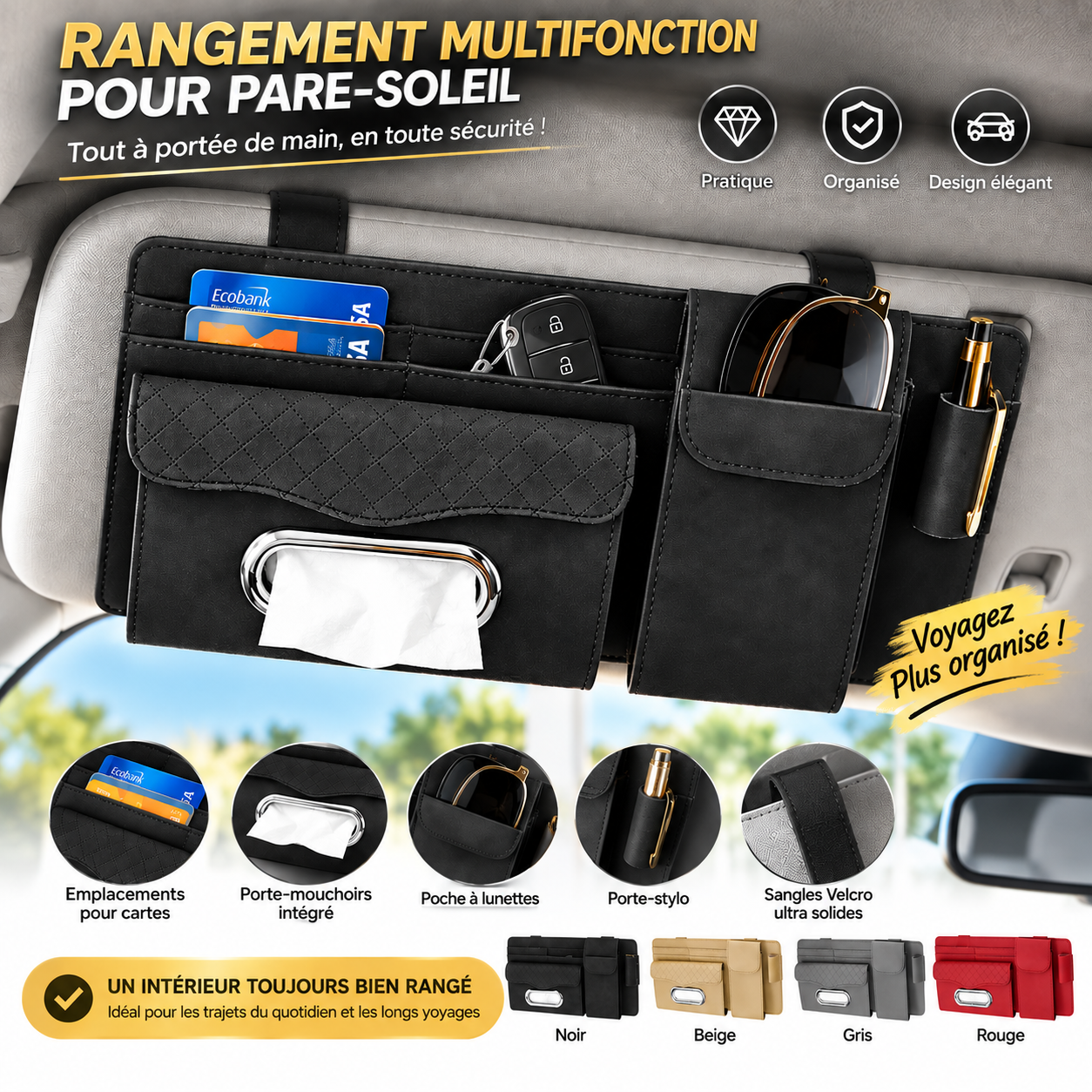 Organisateur multifonction pour pare-soleil – tout à portée de main, sans encombrer la voiture