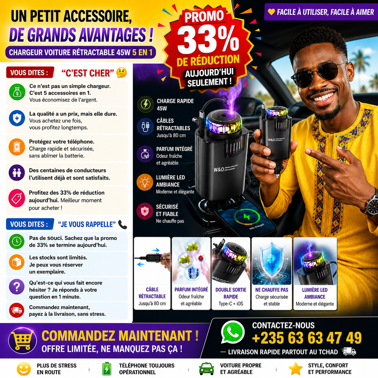Chargeur Voiture Rétractable 45W avec Aromathérapie LED